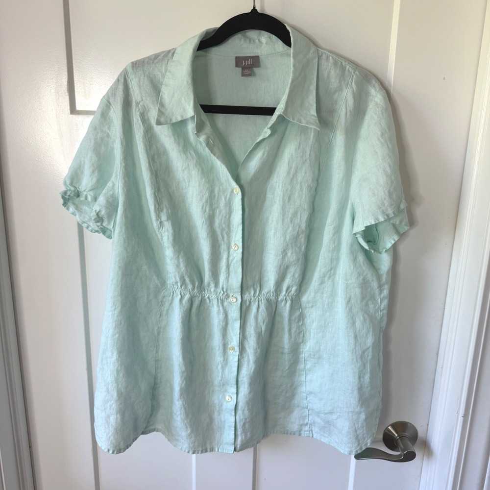 J. Jill Womens 2X Linen Short Sleeve Button Down Shirt Aqua Mint Ruffle Cuff